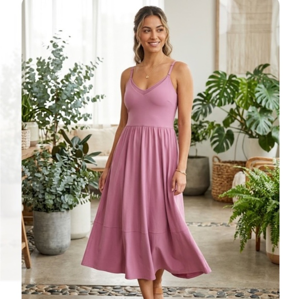 ATHLETA  Sleeveless V-Neck Midi Dress in Dusty Rose. SIZE  S